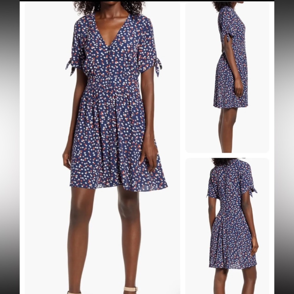 Madewell Tie Sleeve Button Front Ditsy Floral Navy Dress in Mini Daisy Sz 6